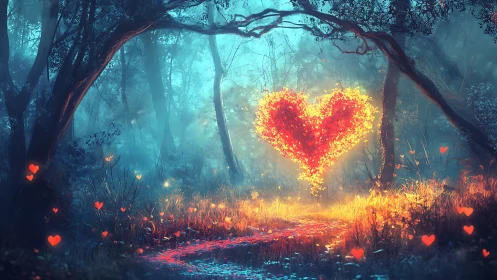 Luminous Heart in Misty Forest Landscape.
