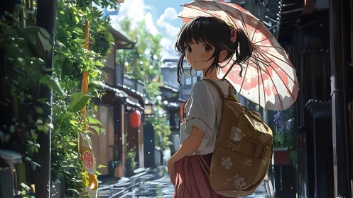 Summer stroll through a sunlit alley with a shy umbrella girl.