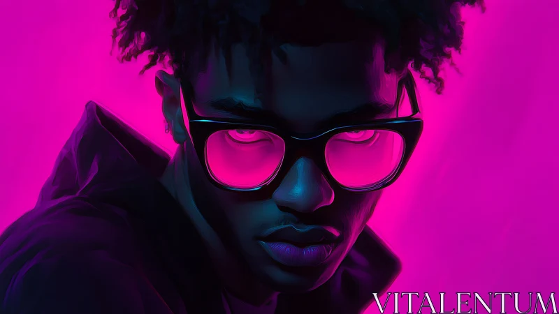 Neon portrait with glowing magenta glasses and intense gaze.