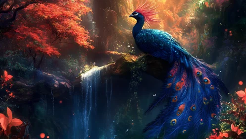 Mythic sapphire peacock above glowing forest waterfall.