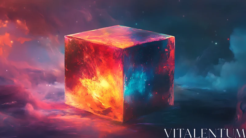 Glowing cosmic cube rests in swirling clouds of color and light