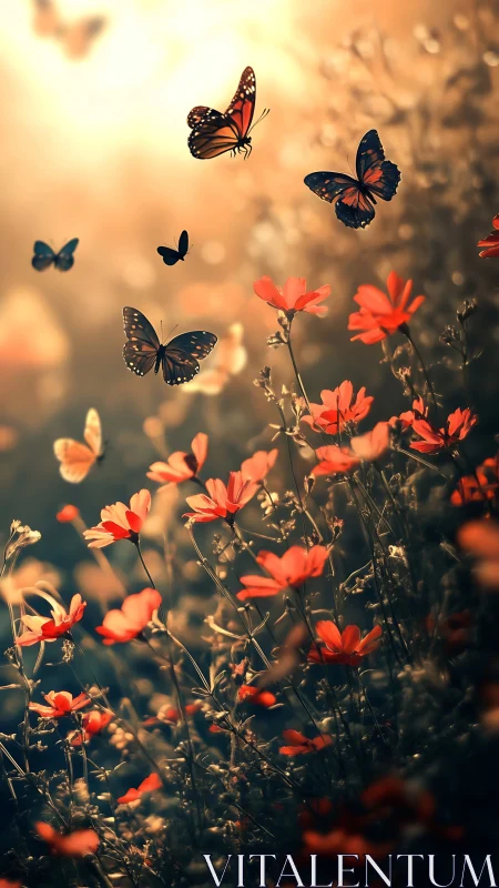 Backlit meadow butterflies intersect warm bokeh and shallow depth