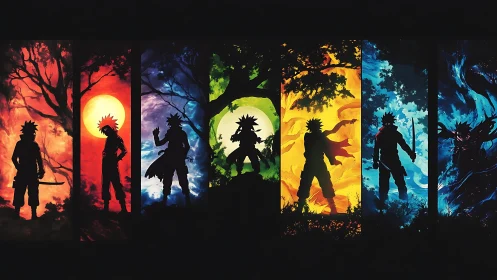 Vibrant ninja silhouettes stride boldly through elemental realms