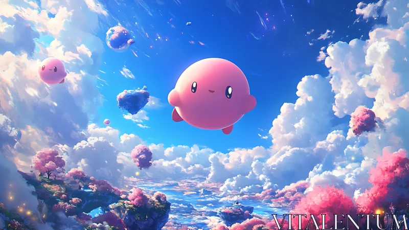 Dreamlike pink sphere drifting above radiant cloud isles.