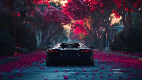 Supercar glides through rose petal avenue at neon dusk