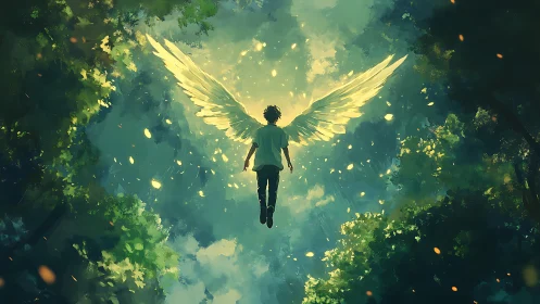 Backlit winged figure ascends through luminous forest canopy