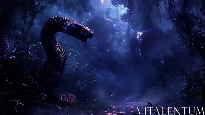Bioluminescent serpent coils in nocturnal jungle chiaroscuro