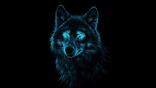 Bioluminescent cyan wolf portrait with neon edge lighting on black