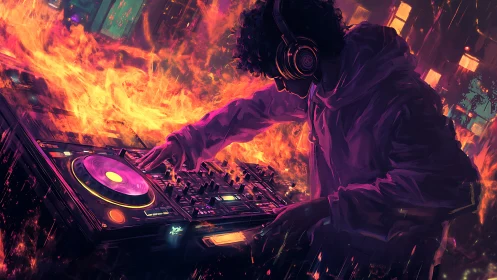 Midnight DJ mixing neon fire into a glowing city night.