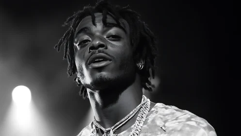 Confident performer glowing under soft monochrome lights.