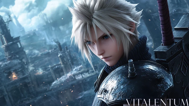 Blond warrior with sword in ruined icy cityscape scene.