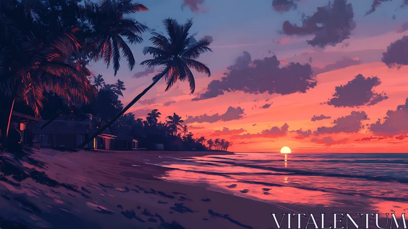 Tropical shoreline sunset rendered in vibrant digital gradients