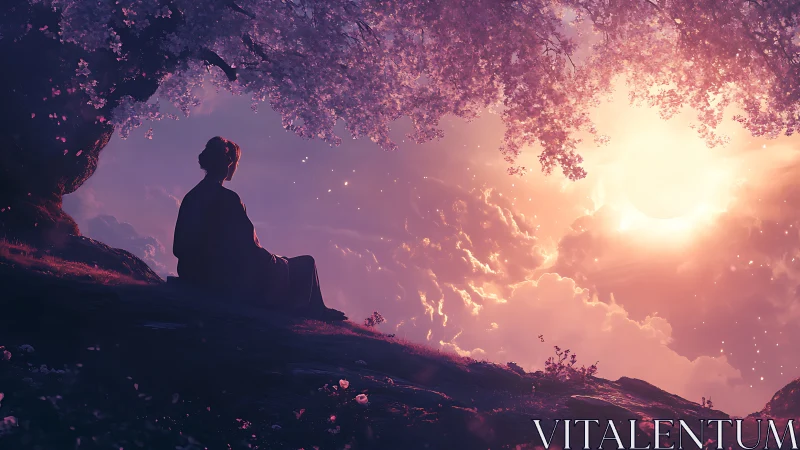 Solitary figure observes ethereal sunset under blooming canopy