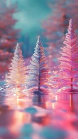 Iridescent miniature fir trees over reflective pastel water