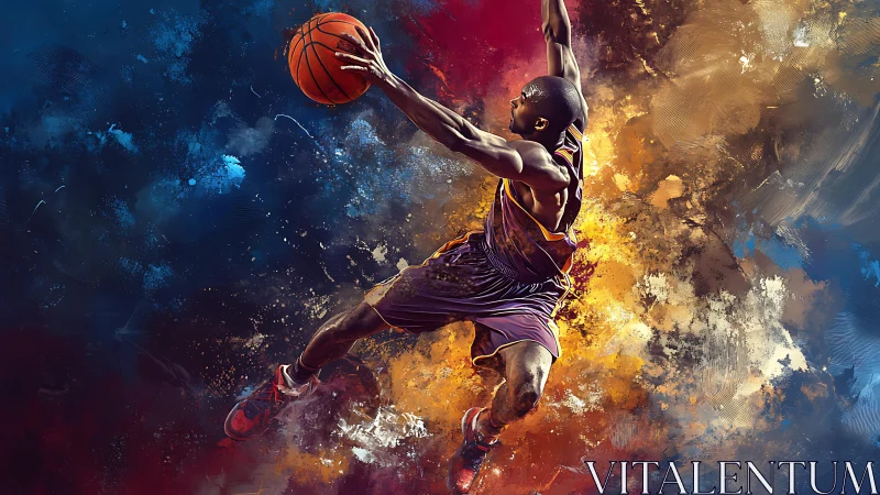 Electric leap: colorful basketball dunk frozen midair.