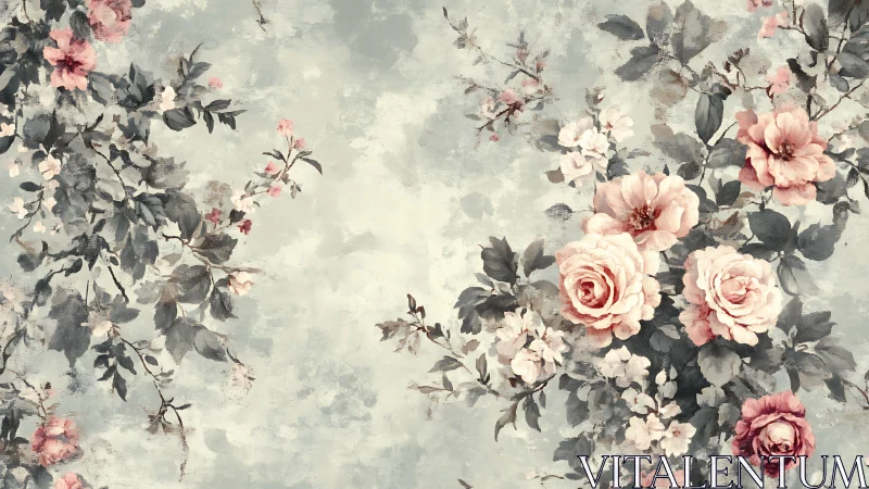 Floral clusters occupy a softly textured, desaturated field