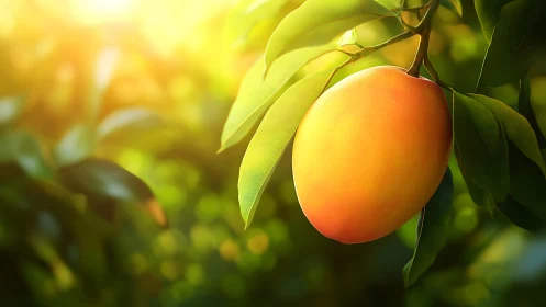 Ripe mango fruit rendered with shallow depth and warm rim lighting