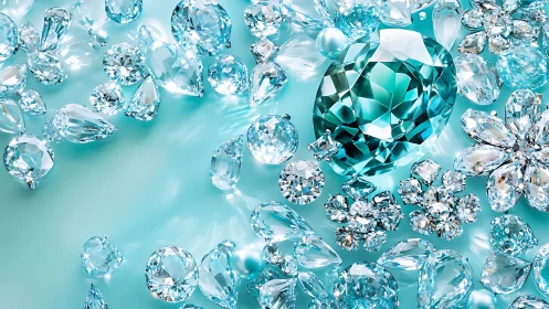 Turquoise gemstone cluster reflects light across icy surface