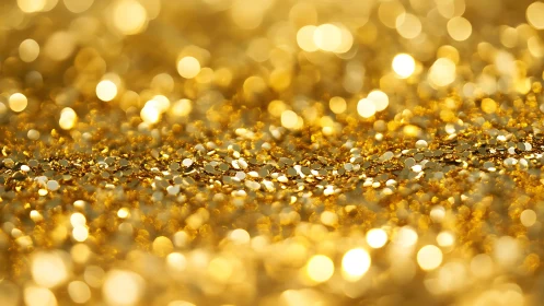 Gold glitter particles form dense bokeh-rich macro surface