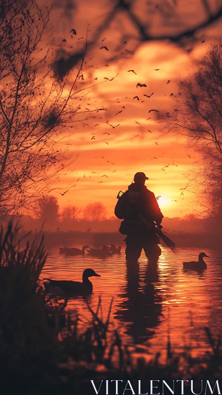 Hunter&rsquo;s quiet watch in a glowing sunset marshland.