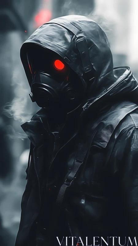 Hooded gasmask operative in neon red accented misted alley.