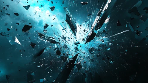 Shattered glass explosion in teal cosmic space burst.