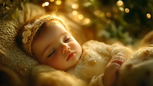 Sleeping Infant in Golden Luminescence with Textured Wrappings. Ethereal Bokeh.