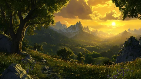 Sunlit mountain valley landscape viewed from a rocky hillside