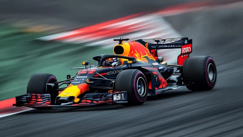 Formula 1 race car leans into fast corner on wet circuit