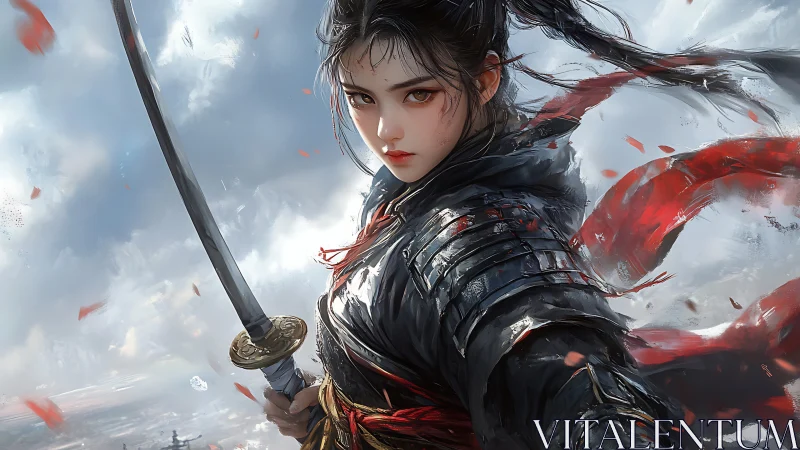 Armored katana wielder in dynamic wind-swept battle stance.