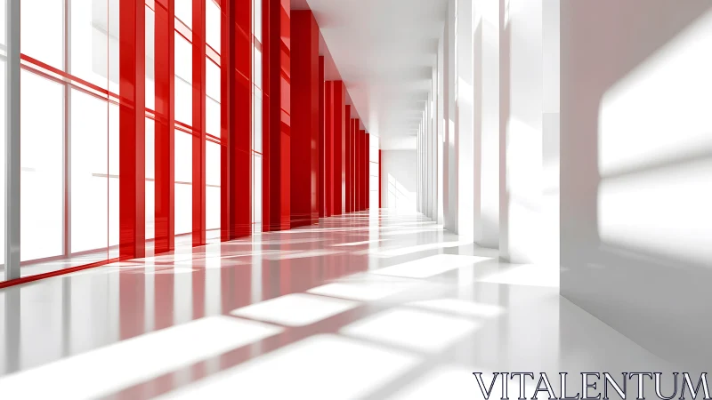 Modern minimalist hallway with red glass walls and strong sunlight.