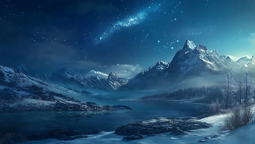Starlit glacier peaks cradling a hush-blue winter lake.
