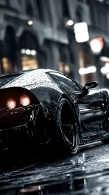 Wet night city street with black tuned sports coupe in rain