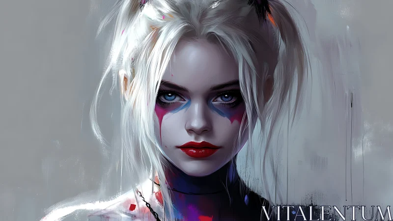 Paint-splashed rebel girl with porcelain glare and neon heart.