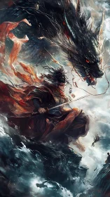 Stormlit warrior and dragon sharing a fierce ocean vow.