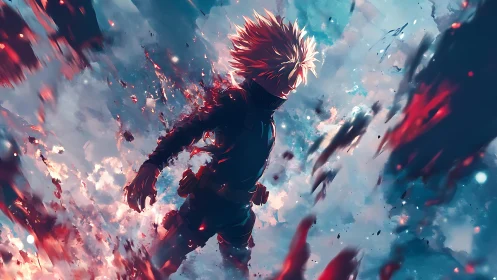 Explosive anime hero strides through burning sky storm.