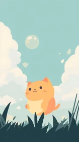 Orange Cat Resting Amid Clouds and Grass.