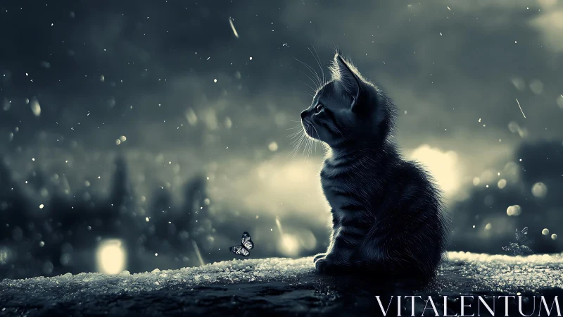 Snowlit kitten watching glowing butterfly in twilight rain.