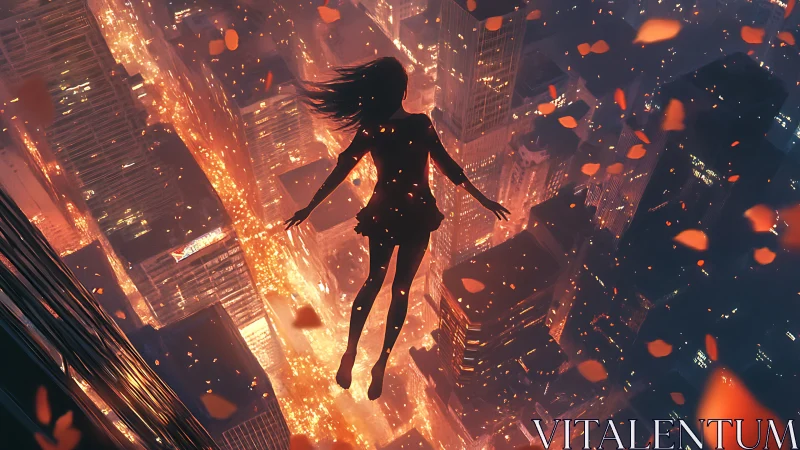 Silhouetted girl drifts above neon city in burning twilight