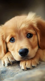 Golden puppy portrait shows close-up face and relaxed paws