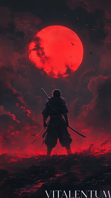 Silhouetted swordsman under large red moon in dark sky.