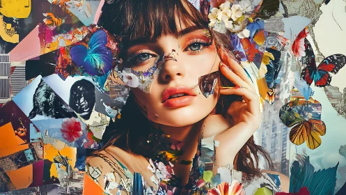Digital collage portrait integrates floral, textural fragments