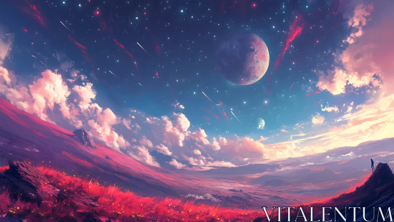 Vivid alien landscape under starry sky and twin moons.