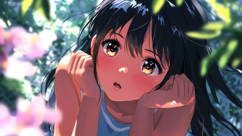 Sunlit anime portrait captures reflective girl in garden bokeh