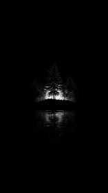 Silhouetted conifer trees form a central axis over still water