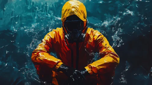 Solitary explorer in orange hazmat gear on dark waters.