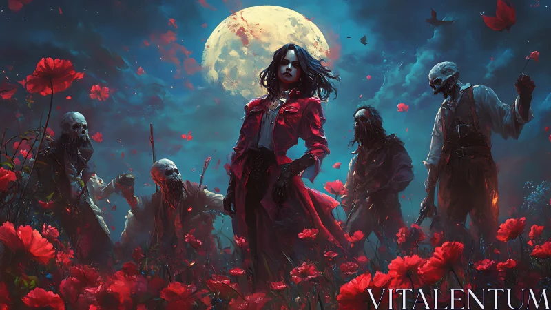 Moon-drowned poppy field crowns a crimson necromancer queen