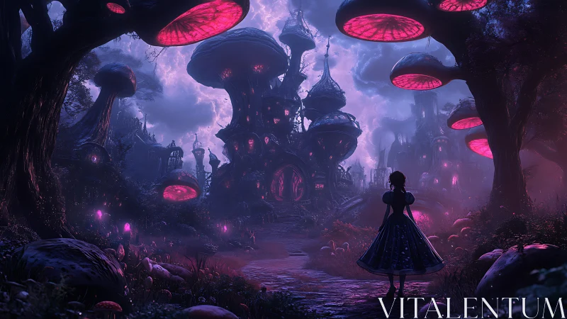 Moonlit mushroom city and lone wanderer on a glowing path.