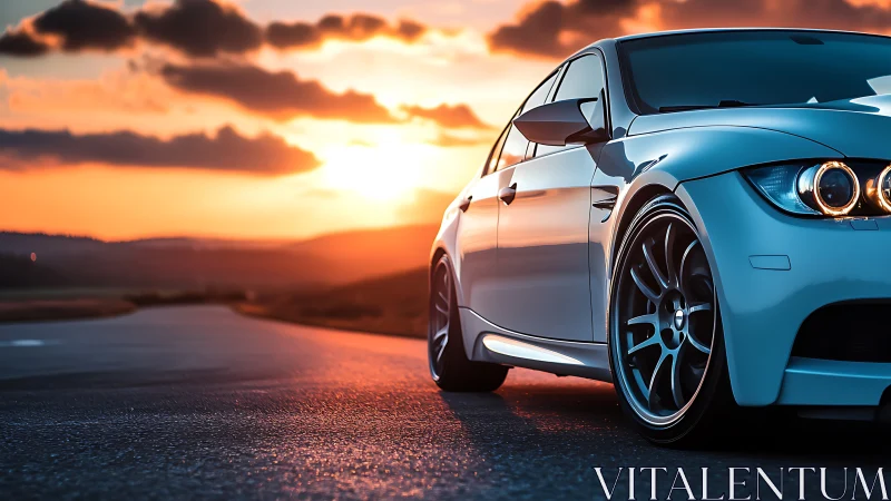 Sunset sprint: silver sports sedan prowls the open highway.