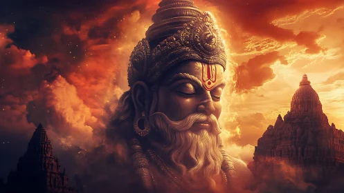 Monumental divine bust emerges amid temples and infernal sky